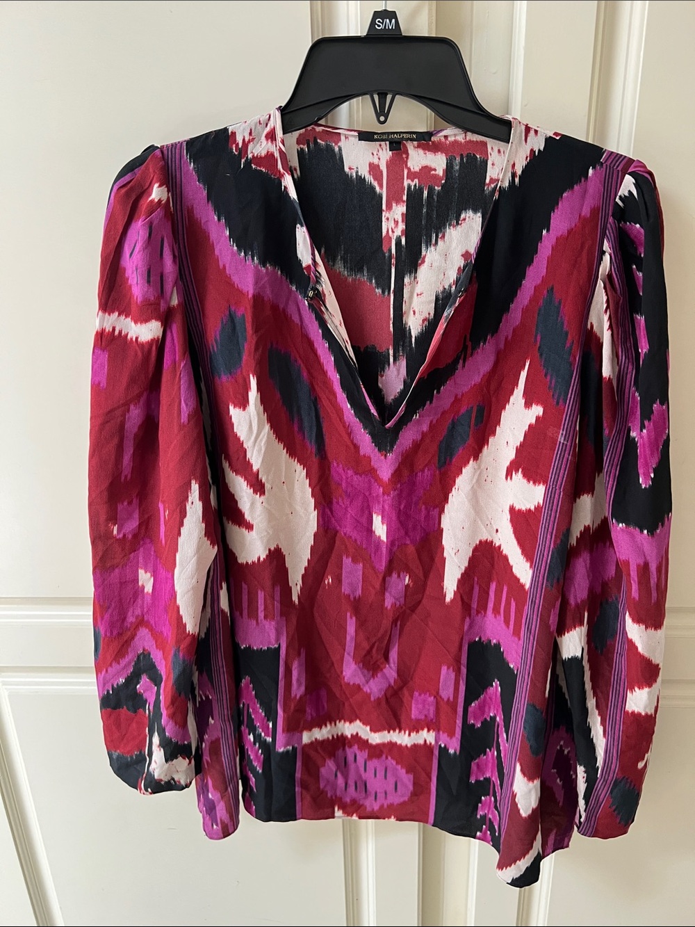 Kobi Halperin Magenta, Black & White V-Neck Printed Silk Blouse